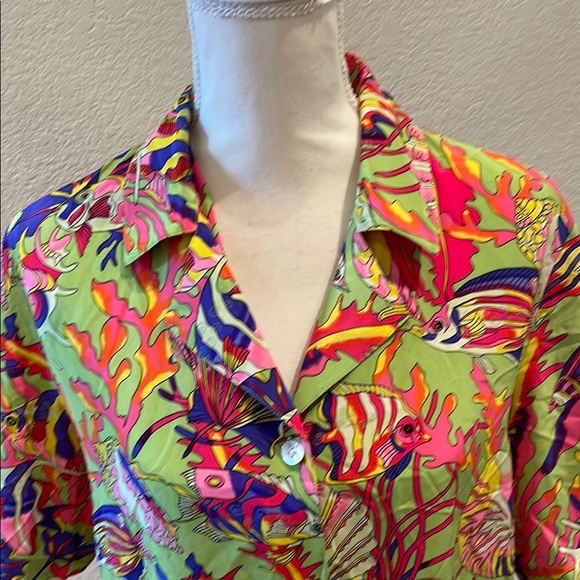 Green Pink Yellow Silk Button Down Shirt with Tropical Print Sz M - Picture 2 of 6